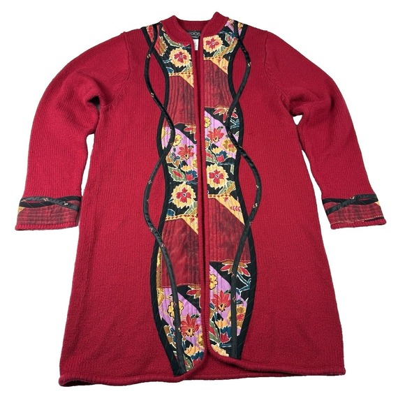 Duster Cardigan Sweater Wool Silk‎ Blend Open Size Large Koos Quilted Mandarin - Picture 2 of 9